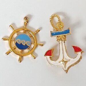 FUN Nautical Pin and Pendant Set Anchor Pin Back + Ships Wheel Helm Necklace